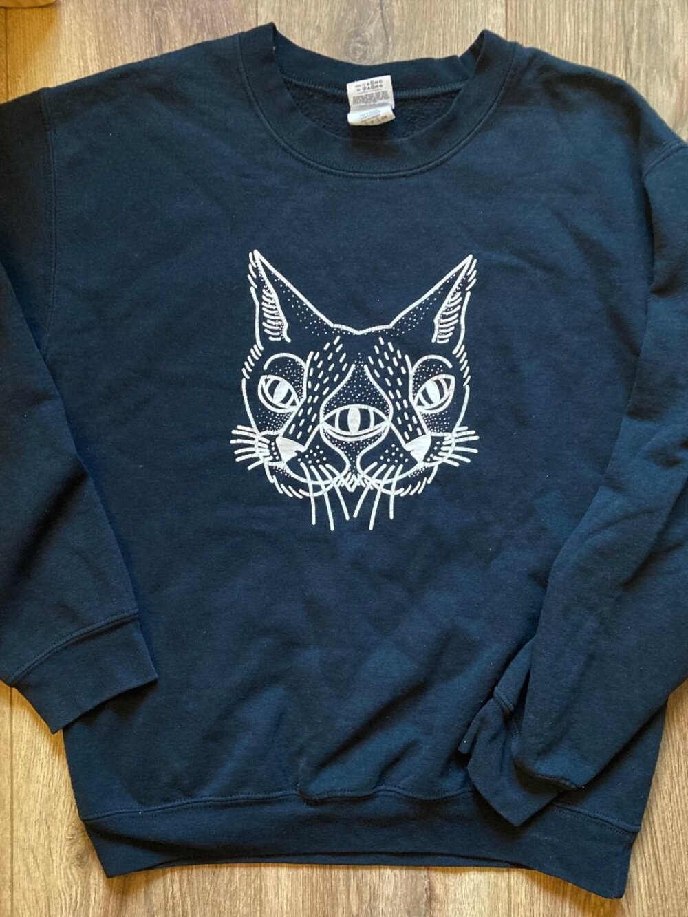 Two-Headed Cat Sweatshirt | White Linocut Print on Black Pullover Sweater